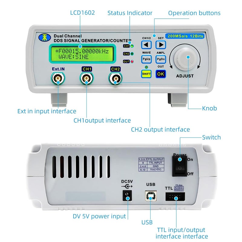Koolertron DDS Signal Generator Counter, 2" Screen Display 25MHz High Precision Dual-Channel Arbitray Waveform Generator Frequency Meter 200MSa/s - Image 2